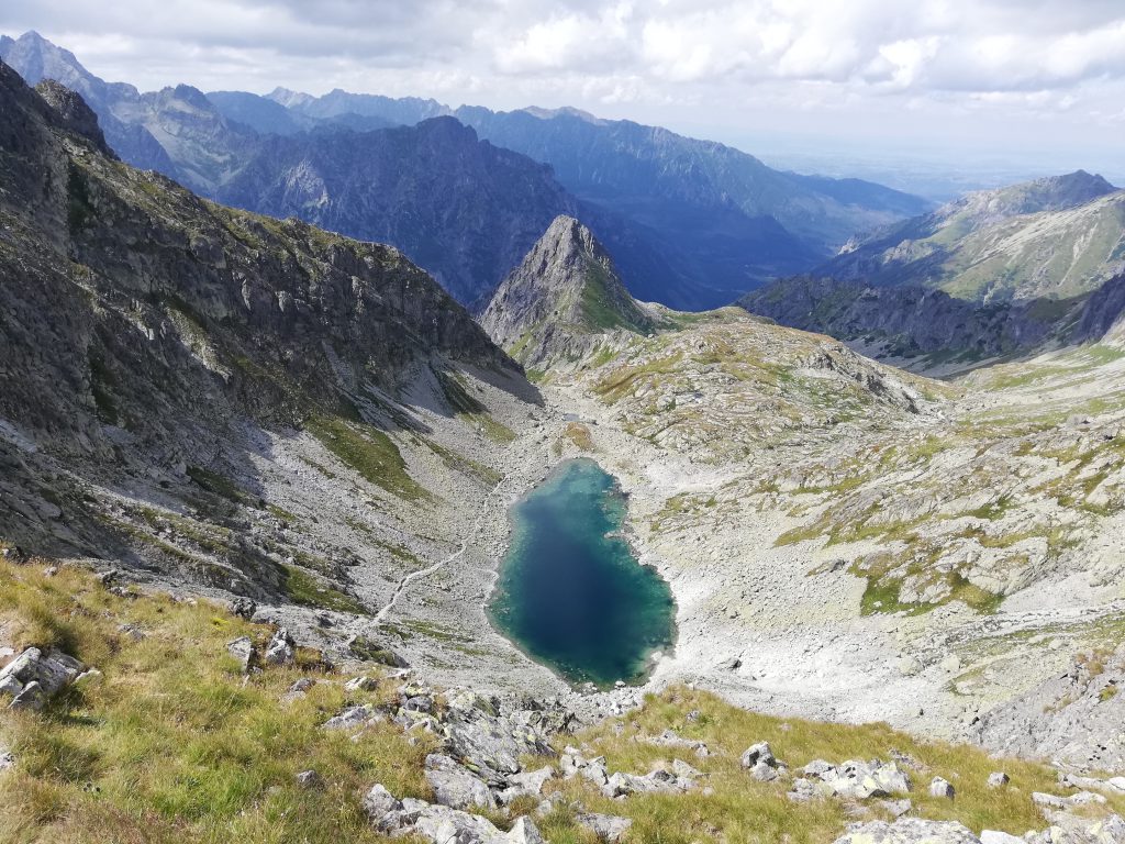 Near sedlo Poľský hrebeň (2200 meters), view north-westwards onto Zamrznuté pleso ("Frozen mountain lake"); as the name suggests, this lake is usually frozen solid
