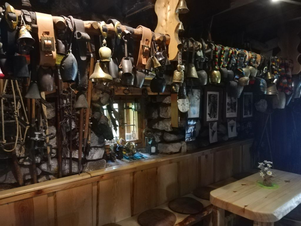 Inside Rainerova chata (1301 meters), on display bells and antique mountaineering equipment