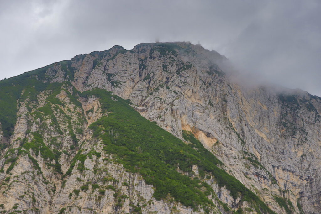 Parolet junction, on around 1540 meters (view towards Cima Palon); antennae and ski lift structures hidden behind rain clouds