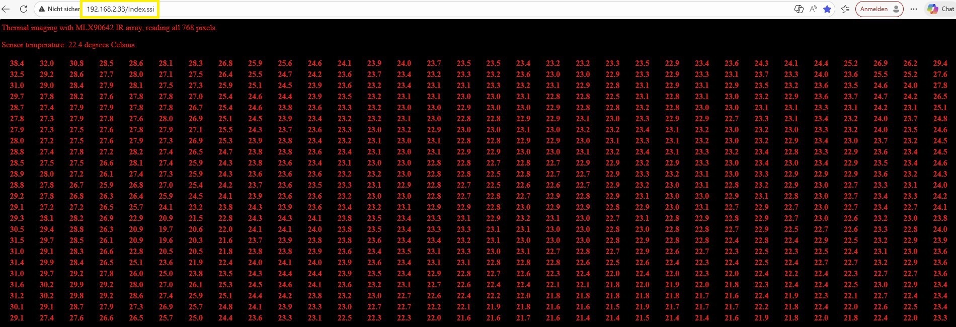 Darstellung aller 768 Sensortemperaturmessdaten in 24 Zeilen und 32 Spalten (mit Label "Einbrecher nein")